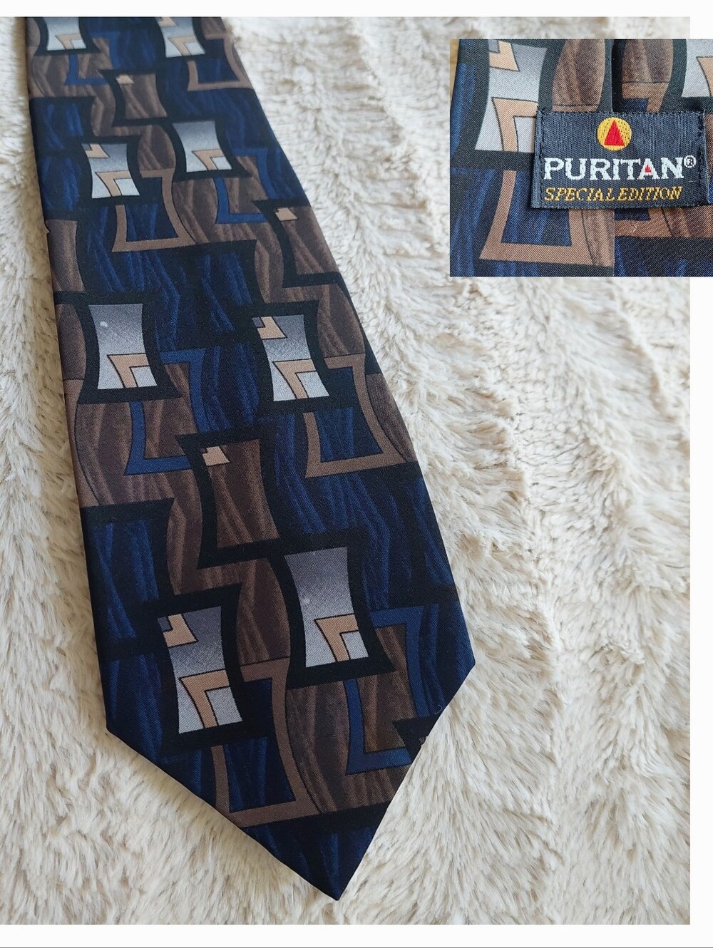 Puritan Men's Tie Navy Brown Gray Geometric